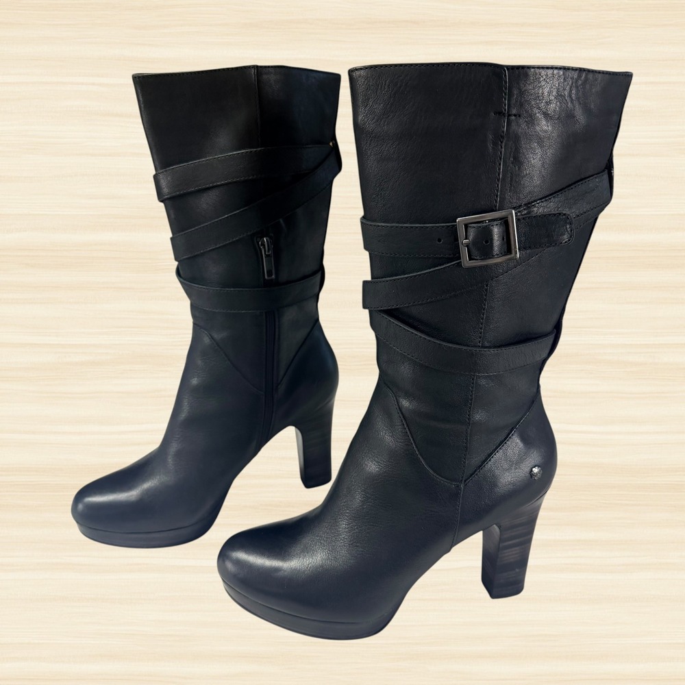 UGG Jardin Black Leather Moto Buckle Strap Mid Calf Heeled Boots Womens 9 - Picture 3 of 13